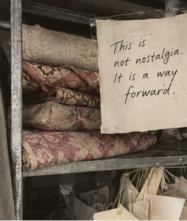 Tessuti antichi piegati su uno scaffale, con il biglietto «This is not nostalgia. It is a way forward.»